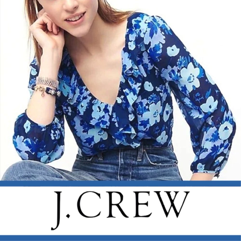 J. Crew | Watercolor Floral Ruffle Neckline Blouse